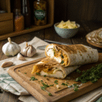 Cheesy garlic chicken wrap sliced with crispy crust