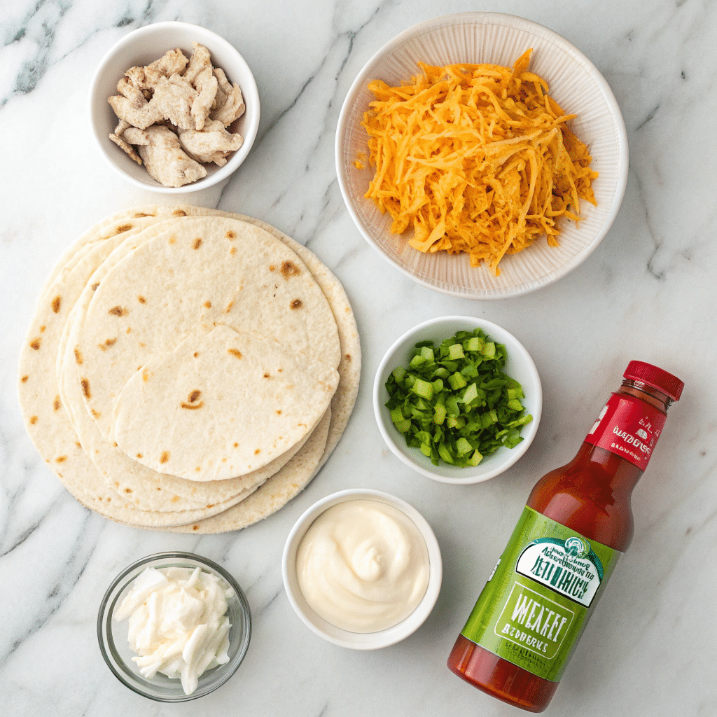Ingredients for cheesy garlic chicken wraps
