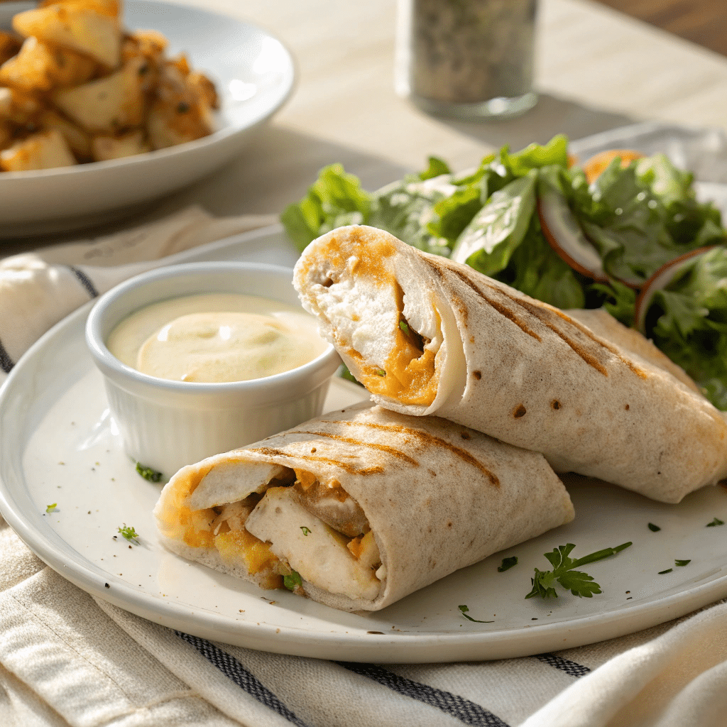 Served cheesy garlic chicken wraps with salad