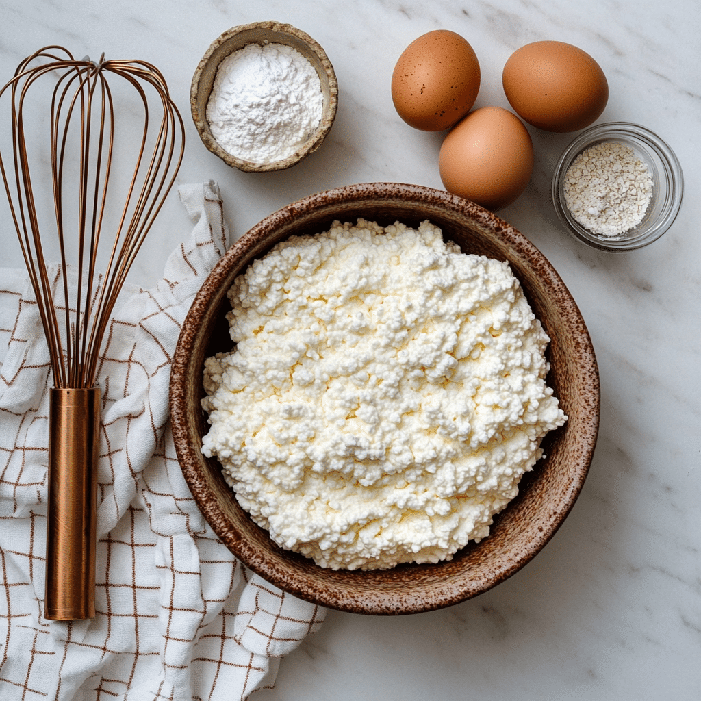 Flat lay of cottage cheese cloud bread ingredients: bowl of cottage cheese, separated eggs, cream of tartar, baking powder and salt on a marble counter