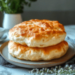 Two golden, Fluffy Cottage Cheese Cloud Bread stacked on a ceramic plate on a marble countertop
