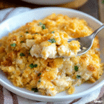 Recipe for Chicken Ritz Cracker Casserole in baking dish